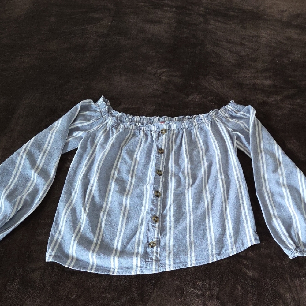 Guess Light Blue Striped Off-Shoulder Blouse